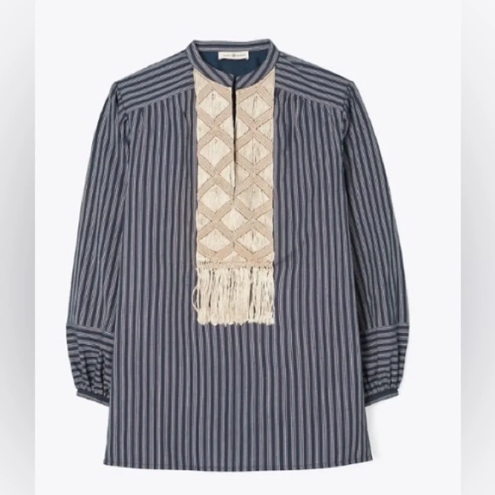 NWT $598 Tory Burch Macrame Striped Blouse Tunic Top